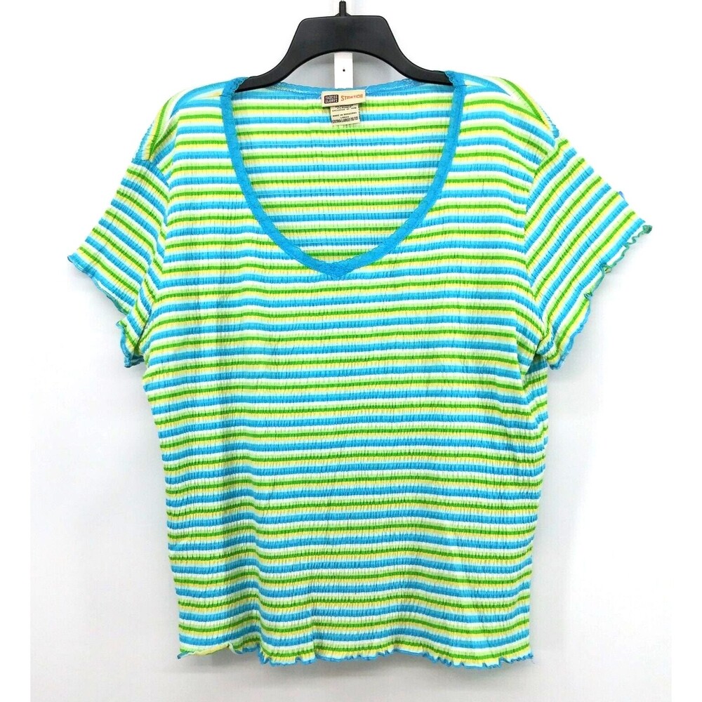 Faded Glory Shirt Womens Size XL Blue Green Striped Short Sleeve Pullover Top